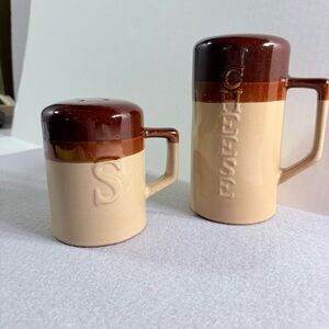 Vintage Oversized Handled Brown & Tan Glazed Stoneware Salt & Cheese Shakers
